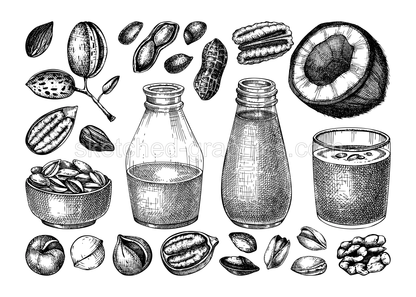 Vegetarian food set. Dairy products design elements. Plant milk in glass, bottle, nuts in bowl, almond, pecan, coconut, pistachio sketches. Healthy drink, nut milk vector illustration for packaging Illustration